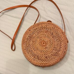 Round Woven Tan Crossbody Bag